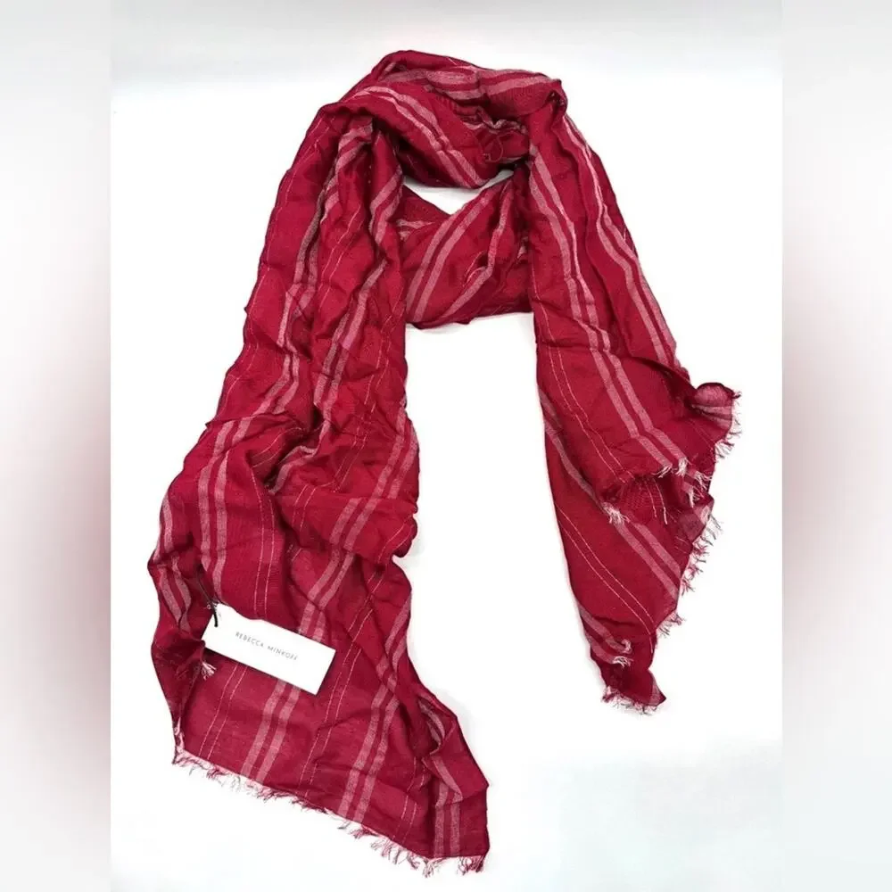 Rebecca Minkoff NWT Metallic Stripe Rectangular Scarf - Red Wine Fringe